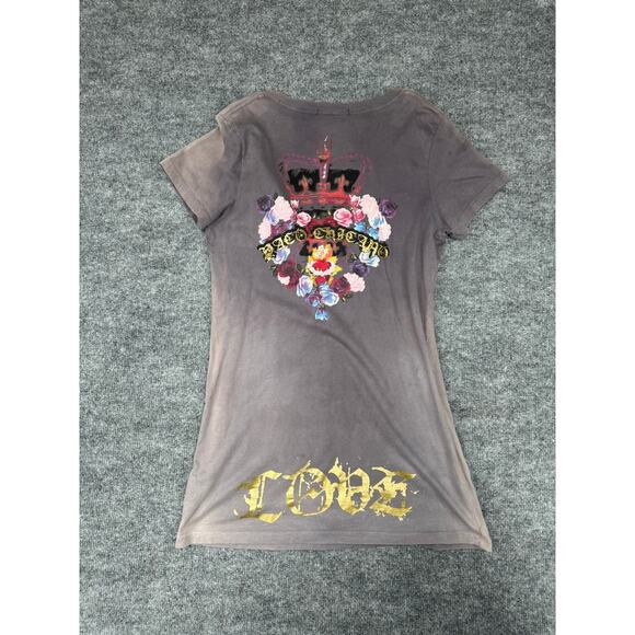 Christian Audigier Paco Chicano Women’s T-Shirt Sz L V-Neck Crown Roses Dove - Picture 6 of 16